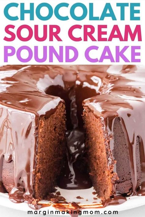 Chocolate lovers rejoice! This moist and tender chocolate sour cream pound cake topped with ganache is a dream come true! This southern-style, old-fashioned dessert is sure to become a family favorite. Chocolate Pound Cake Recipe Homemade, Chocolate Pound Cake Recipes, Chocolate Sour Cream Pound Cake Recipe, Chocolate Sour Cream Pound Cake, Chocolate Pound Cake Recipe, Finger Desserts, Pound Cake Recipes Easy, Chocolate Pound Cake, Sour Cream Pound Cake