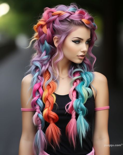 Bold and Beautiful Rainbow Hair Color Ideas to Spark Your Creativity - Puqqu Pop Of Color Hair, Dramatic Hair Colors, Crazy Hairstyles, Exotic Hair Color, Exotic Hair, Flame Hair, Pastel Rainbow Hair, Unicorn Hair Color, Exotic Hairstyles