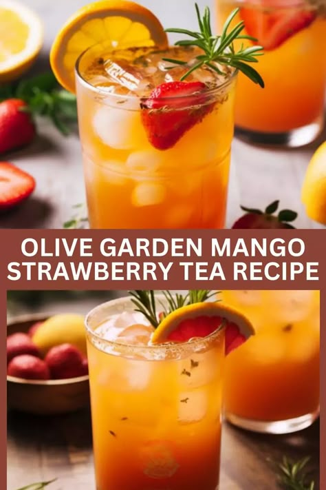 Refresh your senses with Olive Garden Mango Strawberry Tea recipe. A tropical blend of flavors for a delightful, homemade beverage. Try it now! Strawberry Beverages Summer Drinks, Strawberry Tea Party Ideas, Homemade Fruit Tea, Tea Party Tea Recipes, Different Tea Recipes, Good Tea Recipes, Lemonade Flavor Ideas, Specialty Lemonade, Punch Ideas Nonalcoholic