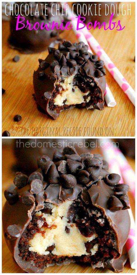 Chocolate Chip Cookie Dough Brownie Bombs - the ORIGINAL recipe, found on thedomesticrebel.com! Eggless chocolate chip cookie dough is wrapped in a fudgy baked brownie, then coated in chocolate and sprinkled with chocolate chips! Positively DIVINE! #browniebombs #brownie #cookiedough Egg Free Chocolate Chip Cookies, Chocolate Chip Cookie Dough Brownies, Baking Brownies, Eggless Chocolate Chip Cookies, Cookie Dough Brownies, Cake Tips, Flowers Tutorial, Chocolate Flowers, Monkey Bread