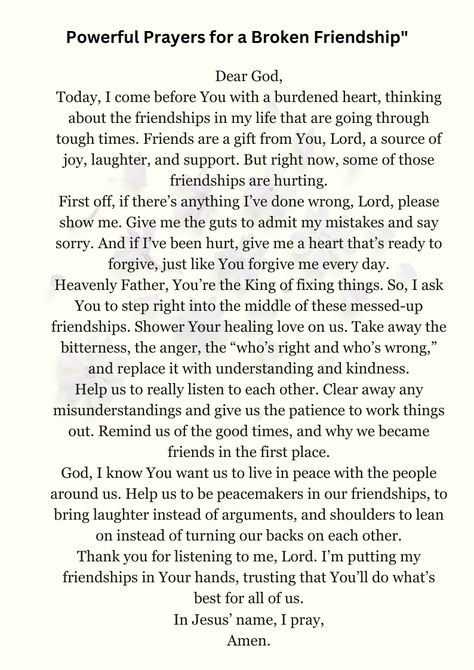 Friendships are precious, but sometimes they hit rough patches. Discover 5 heartfelt prayers that can help you find peace and mend a broken friendship. 🙏💔 #Prayers #BrokenFriendship #Healing #FriendshipGoals Mending Friendship Quotes, Prayers For Friends Healing, Broken Trust Friendship, Mending Friendships, Prayers For Friendship, Godly Friendship Quotes, Manifest Friends, Prayers For Friends, Breakthrough Prayers