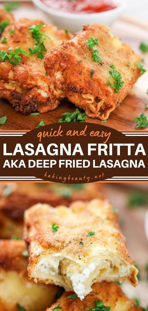 Lasagna Fritta aka Deep Fried Lasagna Air Fryer Lasagna Fritta, Deep Fried Lasagna Rolls, Deep Fried Dinner Ideas, Deep Fried Spaghetti, Lasagna Fritta Recipe, Fried Lasagna Rolls, Deep Fried Lasagna, Lasagna Fritta, Olive Garden Lasagna