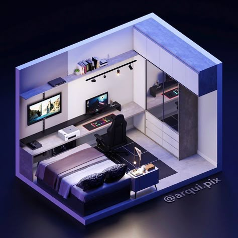 Small Gaming Bedroom, Gaming Bedroom Ideas, Small Game Rooms, Gaming Bedroom, Rooms Inspiration, Gamer Bedroom, Gaming Rooms, Cool Room Designs, 3d Room