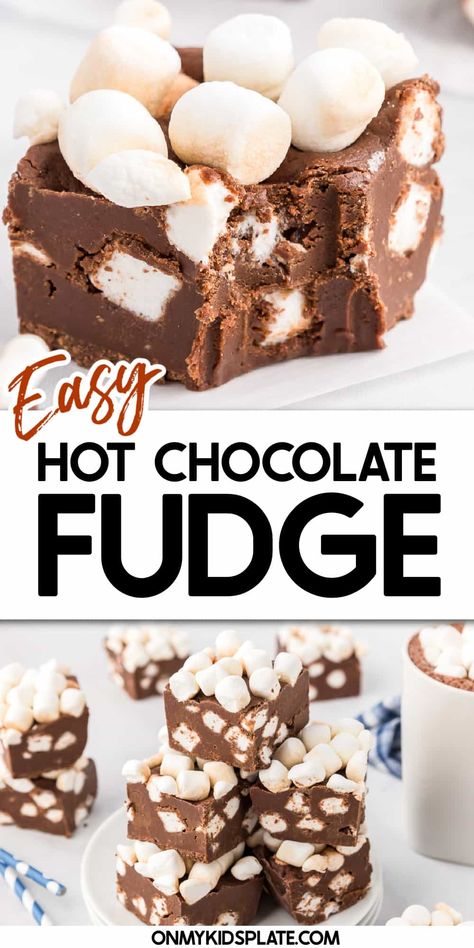 Hot Chocolate Squares, Marshmallow Chocolate Fudge, Marshmallow Fudge Easy, Fudge With Marshmallows, Hot Cocoa Fudge, Hot Chocolate Fudge Recipe, Marshmallow Fluff Fudge, Hot Chocolate Desserts, Fudge Christmas