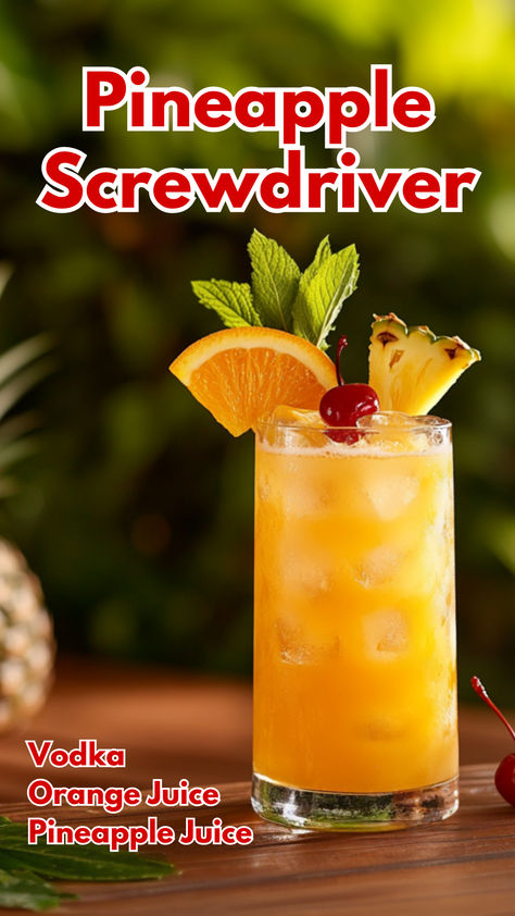 Pineapple Screwdriver Fruity Vodka Drinks Easy, Pineapple Vodka Cocktails, Pineapple Refresher Recipe, Pineapple Screwdriver, Pineapple Alcohol Drinks, Pineapple Vodka Drinks, Fruity Vodka Drinks, Screwdriver Drink, Summer Blended Drinks