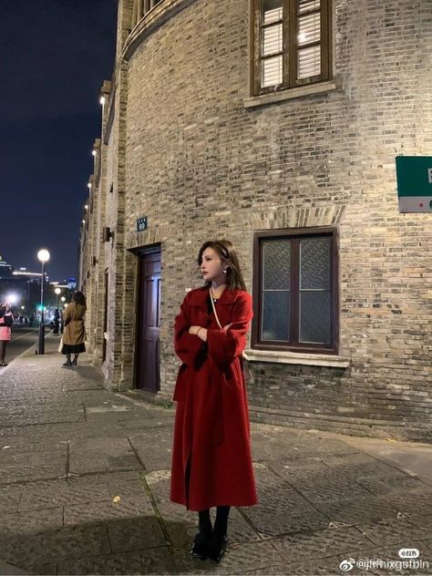 Overcoat With Dress, Red Overcoat Outfit Women, Red Long Coat Outfits Winter, Red Coat Aesthetic, Dress With Overcoat, Red Coat Outfit, Winter Layering Outfits, Red Overcoat, Elegant Christmas Party