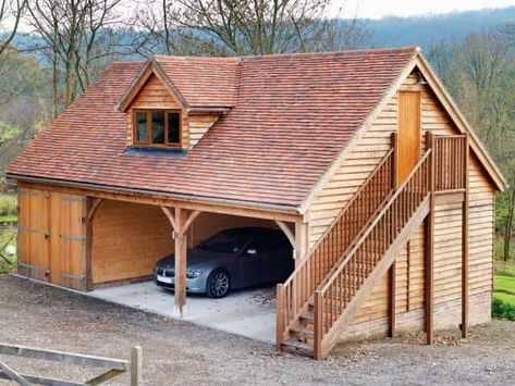 Looking for a timber garage with room above? We design and manufacture stunning bespoke garages with a room above. Garage With Room Above, Room Above Garage, Timber Garage, Oak Framed Buildings, Carport Garage, Wooden Garage, Barn Garage, Timber Buildings, Garage Apartment