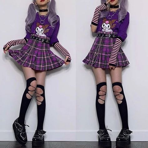 Edgy Outfits, Mode Ulzzang, Mode Emo, Mode Kawaii, Pastel Goth Fashion, Hipster Grunge, Plaid Pleated Skirt, Size Difference, Alternative Outfits