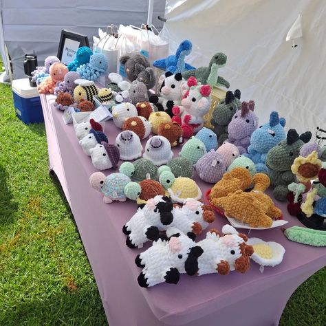 This mornings market setup! I'll be setup at the watermelon festival today and tomorrow! . . . Hashtags: #mississippi #shopsmall #crochetersofinstagram #crochet #smallbusiness #plushie #explore #amigurumi #crochetlove Crochet Market Setup, Market Setup, Crochet Craft Fair, Watermelon Festival, Crochet Market, Crocheting Ideas, Crocheted Items, Crochet Shop, Craft Markets