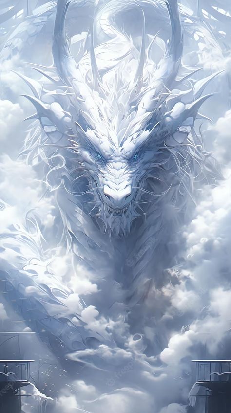 White Chinese Dragon Fantasy Art, Sky Dragon Art, Asian Dragon Aesthetic, Cool Dragon Wallpaper, White Dragon Fantasy Art, Dragon Face Art, White Dragon Aesthetic, White Dragon Wallpaper, Ice Dragon Art