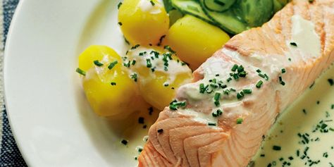 Poached Salmon Recipe | AAA Swedish Salmon, Viking Food, Poached Salmon, Smoked Trout, Cucumber Recipes Salad, Summer Dishes, Salmon Recipe, Signature Dishes, Fresh Chives