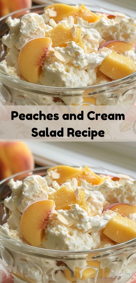 How about a new salad recipe? Our Peaches and Cream Salad Recipe combines fresh peaches and creamy dressing. It's a top choice among peach salad recipes, adding a sweet touch to your salad ideas. Peach Side Dish, Millionaire Peach Salad, Fruit Salad With Peach Pie Filling, Salad Recipes With Peaches, Peach Congealed Salad Recipes, Peach Food Ideas, Peach Blueberry Salad, Peach Pie Filling Fruit Salad Recipe, Summer Peach Salad Recipes