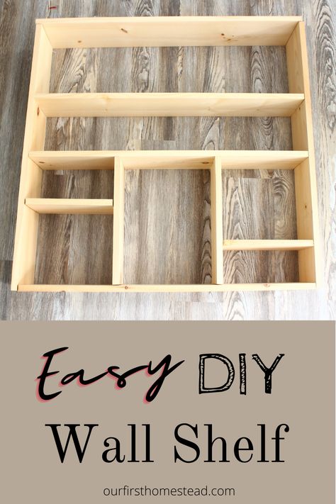 Follow this easy tutorial for this custom wall shelf. You can adjust your measurments to make it smaller or bigger to fit your needs or move the shelves up and down. It is all straight cuts so it goes together so easily. You don't need a ton of tools and you can get the wood cut for you at Lowes or Home Depot so you don't have to own a saw. Great for kitchen items, books, toys, picture frames, etc. #farmhousedecor #woodenshelf #DIY #wallshelf #easydiy Diy Wall Shelf, Diy Display Shelf, Homemade Shelves, Diy Shelves Easy, Toys Pictures, Diy Wooden Shelves, Easy Shelves, Knick Knack Shelf, Diy Wood Wall