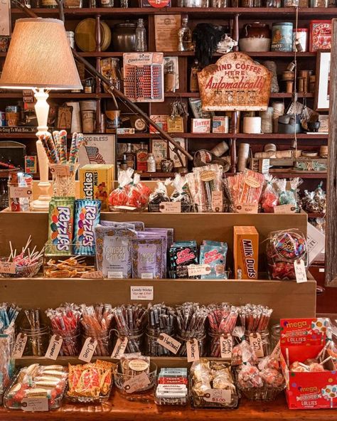 You can even find the original penny candy shelves in the store that are now packed with antiques dating back to the stores opening. Old Fashioned Candy Display, Old Fashioned Candy Shop, Old Fashioned Candy Store, Sweet Shop Aesthetic, Candy Store Aesthetic, Candy Display Ideas, Candy Shop Aesthetic, Vintage Candy Store, Sweet Shop Design