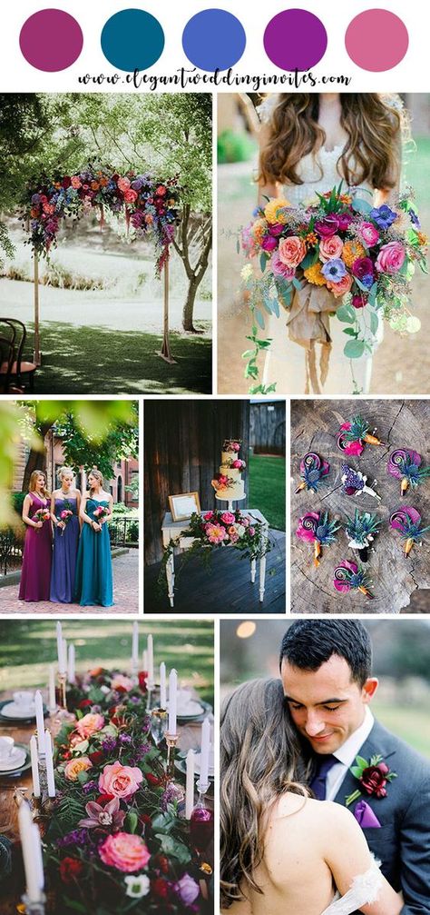 vibrant jewel tone summer wedding color ideas Purple Summer Wedding Colors, Jewel Tone Wedding Colors Summer, One Color Wedding, Rainbow Color Wedding Theme, Gem Stone Wedding Colors, Multi Coloured Wedding Theme, Purple Spring Wedding Ideas, Vibrant Summer Wedding Colors, Spring Jewel Tones