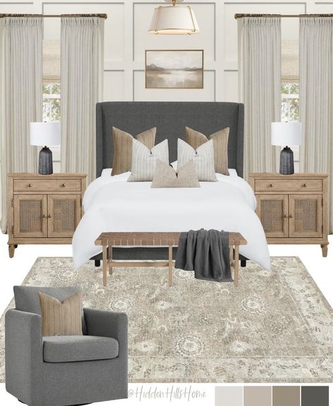 Bedroom With Gray Upholstered Bed, Mcgee Master Bed, Charcoal Headboard Bedroom Ideas, Coastal Bedroom Mood Board, Charcoal Headboard Bedroom, Gray Upholstered Bedroom Ideas, Studio Mcgee Bedding, Brown And Grey Bedroom, Grey And Brown Bedroom