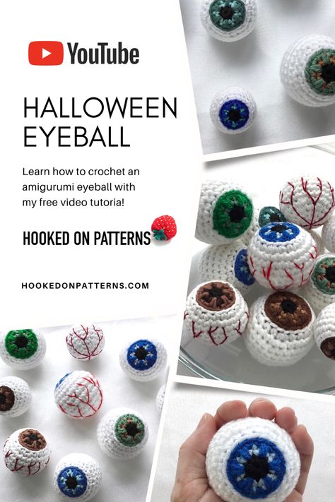 Spooky crocheted eyeballs of different colours for Halloween Eyeball Rose Crochet, Crochet Eyeball Pattern Free, Eyeball Crochet, Crochet Eyeball, Free Halloween Crochet, Crocheting Inspiration, Crochet Pattern Tutorial, Youtube Halloween, Crochet Couture