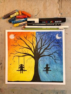 Art Room Britt: Silhouetted Day and Night Tree Oil Pastel Drawings Easy, Lapin Art, Seni Pastel, Easy Canvas Art, Canvas Painting Tutorials, Oil Pastel Art, Easy Canvas Painting, Oil Pastel Drawings, Seni Cat Air