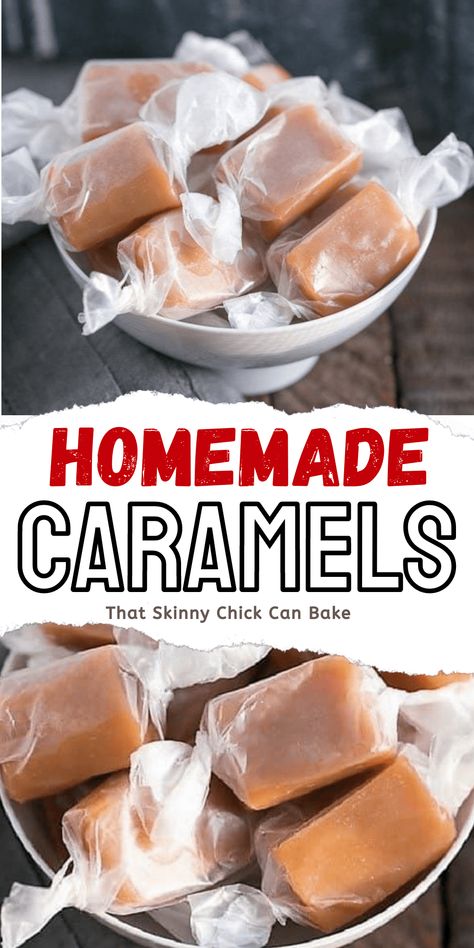 Soft Chewy Cream Caramels - Exquisite homemade caramels that cannot be rivaled! Perfect for holiday gifts or just treat your family! #holidaycandy #homemadecaramels #tipsformakingcaramels #thatskinnychickcanbake Easy Soft Caramel Recipe, Soft Caramels Recipe, Caramels Recipe, Homemade Caramel Recipes, Soft Caramels, Sweet Chex, Homemade Caramels, Microwave Caramels, Easy Candy Recipes