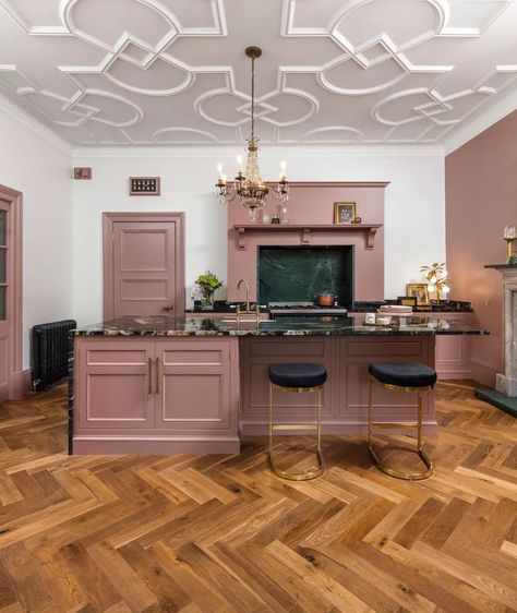 Moody Victorian Kitchen, Pink Kitchen Cabinets, Celebrity Kitchens, Combining Colors, Pink Cabinets, Black Countertops, Grey Countertops, Brown Kitchens, Victorian Home