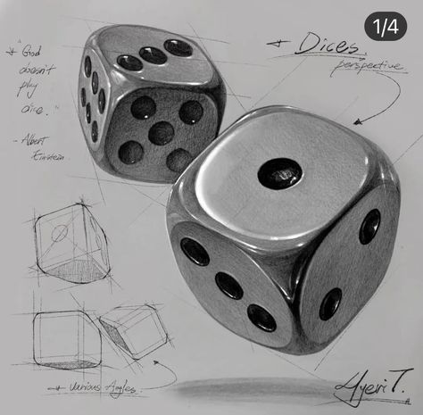 Chiaroscuro Drawing Easy, Object Sketches Pencil Drawings, Drawing References Objects, Dice Sketch, Chrome Tattoo, Structural Drawing, Perspective Drawing Lessons, Object Drawing, Perspective Art