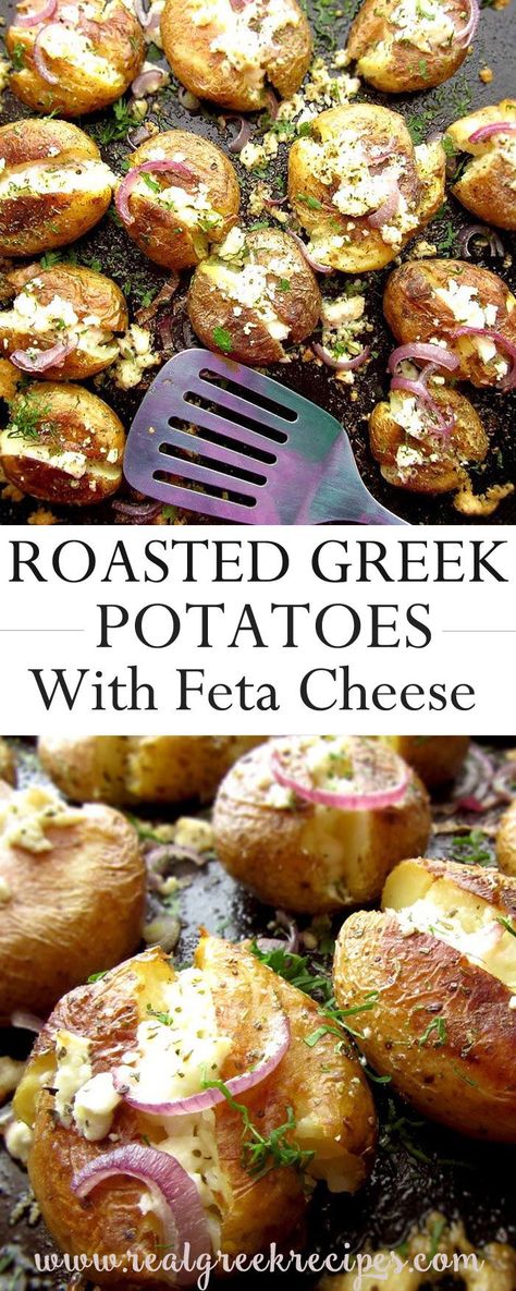 Greek Potatoes With Feta, Potatoes With Feta Cheese, Greek Potatoes Recipe, Recipe With Feta Cheese, Roasted Greek Potatoes, Potatoes With Feta, Potatoes Roasted, Greek Potatoes, Cheese Baked