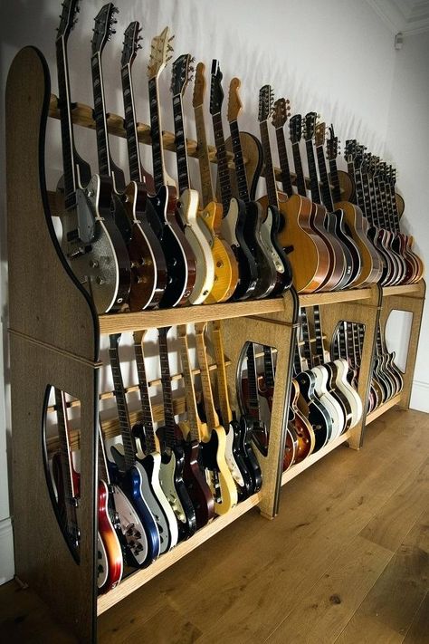 Guitar Collection Room, Guitar Rack Diy, Instrument Organization, Guitar Room Aesthetic, Guitar Display Wall, Music Room Storage, Instrument Room, Wooden Music Stand, Music Room Design