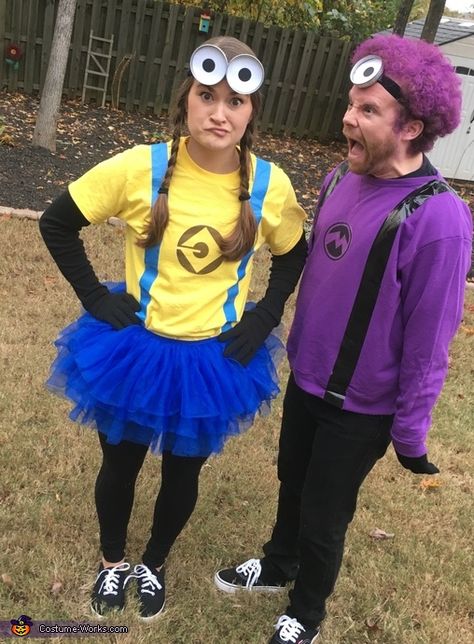 Minion Mania Costume - Halloween Costume Contest via @costume_works Minions, Simple Minion Costume, Purple Minion Costume Women's, Teacher Minion Costume, Minions Couple Costume, Minon Costume Cute, Minion Couple Costume, Easy Minion Costume, Diy Minion Costumes For Women