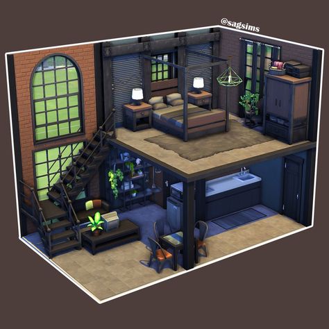 Sims Industrial Loft, Industrial Apartment Sims 4, Industrial Loft Sims 4, Sims Studio Apartment, Sims 4 Grunge Apartment, Sims 4 Couple House, Sims 4 Base Game Apartment, Sims 4 Warehouse, Sims 4 Bachelor Pad