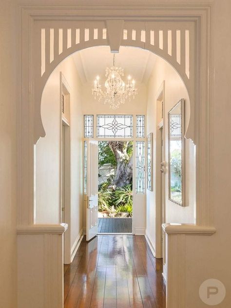 Queenslander Bungalow Hallway Ideas, Archways In Homes, Queenslander House, Kitchen Ideas Gray, Hallway Designs, Gray Cabinets, Arched Doors, Foyer Design, 2024 Trends