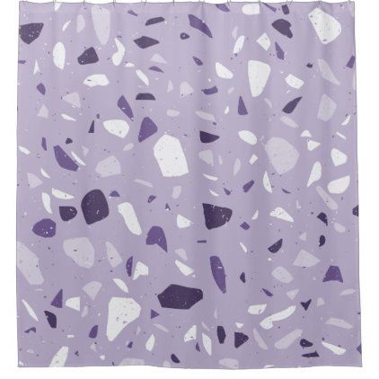 Modern Terrazzo Purple White on Puprle Shower Curtain Purple Terrazzo, Grey And Cream Wallpaper, Zebra Drawing, Modern Terrazzo, Geometric Shapes Wallpaper, Marble Bathroom Accessories, Blue Shower Curtain, Golden Wallpaper, Blue Shower Curtains