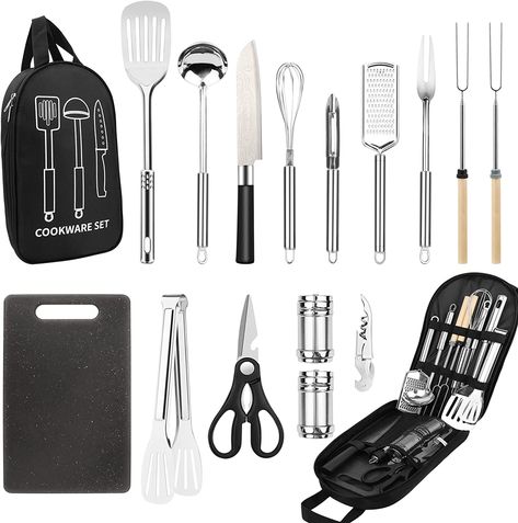 Camp Kitchen Organization, Camping Cooking Gear, Camping Cooking Utensils, Bbq Equipment, Cookware Essentials, Rv Van, Camping Utensils, Grill Tools, Camping Cooking