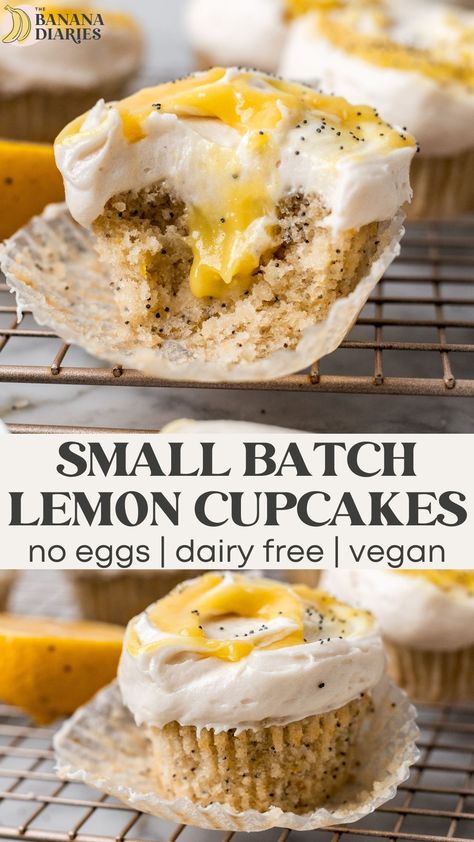 These soft, moist vegan lemon cupcakes are full of real zesty lemon and filled with a quick dairy free lemon curd. This recipe yields just 6 perfect zesty lemon poppy seed cupcakes for the perfect easy one bowl cupcake recipe! Vegan Lemon Cupcakes, Dairy Free Lemon Curd, Lemon Poppy Seed Cupcakes, Dairy Free Cupcakes, Recipe Using Lemons, Vegan Lemon Curd, Lemon Cupcake Recipe, Vegan Lemon Cake, Vegan Egg Substitute