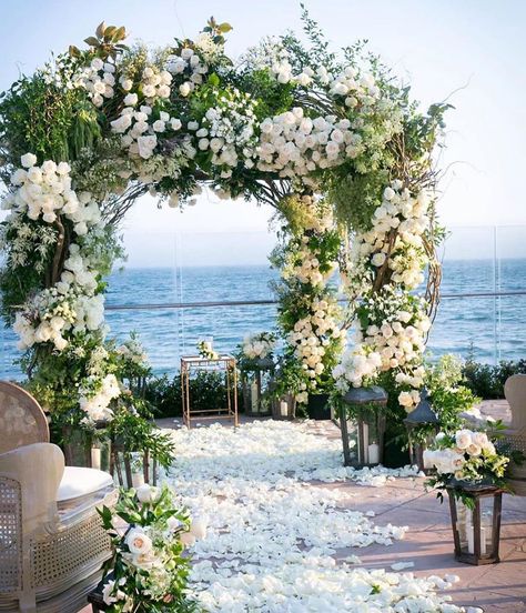 Marks Garden on Instagram: “Category is: #classicXmarksgarden Nothing better than a classic coastal ceremony to say your vows. Planning @levinefoxevents…” Seaside Wedding, Ceremony Decorations Outdoor, Beach Wedding Dress Boho, Strictly Weddings, Rustic Wedding Centerpieces, Sherman Oaks, Aisle Decor, Wedding Aisle, Vow Renewal