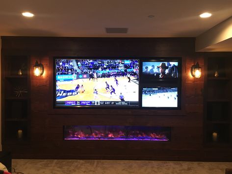 Multi TV setup in finished basement mancave Multiple Tv Wall, Multiple Tv Wall Ideas Man Cave, Man Cave Tv Wall, Basement Movie Room, Tv Setup, Theater Room Design, Single Cat, Media Room Design, Man Cave Room