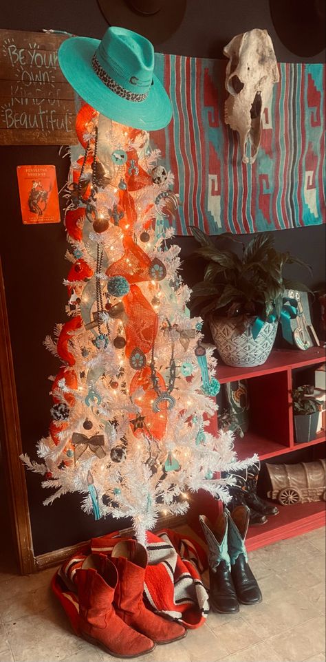 Western Cactus Christmas Tree, Turquoise Western Christmas Tree, Small Western Christmas Tree, Modern Western Christmas Decor, Cactus Tree Christmas, Western Christmas Room Decor, Cowgirl Christmas Aesthetic, Yellowstone Christmas Tree, Southwestern Christmas Tree