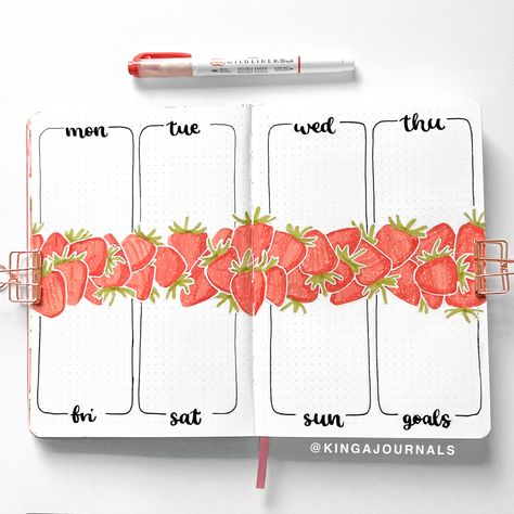 September Bullet Journal Weekly Spread, Bujo Fruit Theme, Bullet Journal Fruit Theme, Bujo Strawberry Theme, Month Spread Bullet Journal, Strawberry Mood Tracker, Fruit Bullet Journal, Strawberry Bujo, Strawberry Bullet Journal