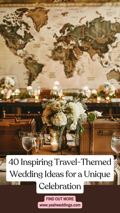 A beautifully decorated travel-themed wedding reception with a world map backdrop, vintage suitcases, and travel-inspired table settings. Travel Inspired Bridal Shower Ideas, Travel Theme Dinner Party, Travel Inspired Wedding Decoration, Wedding Adventure Theme, Travel Themed Decor, Wedding Theme Ideas Unique, Travel Theme Wedding Centerpieces, Travel Themed Wedding Ideas, Vintage Travel Wedding Theme