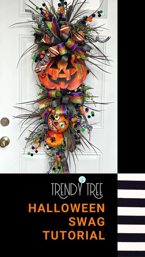 Halloween Swag Wreath, Halloween Wreath Tutorial, Halloween Swags For Front Door Diy, How To Make A Door Swag, Halloween Swag Diy, Halloween Swags For Front Door, Halloween Swags, Halloween Swag, Halloween Garage