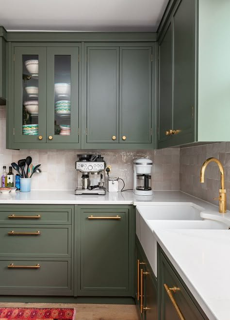 Read all about this bespoke kitchen project we completed in Notting Hill with sage green cabinetry, brass hardware and the most stunning walk-in pantry/still-room! #bespokekitchens #herringbonekitchens #bespokecabinetry #greenkitchens #brasstap #boilingwatertap # belfastsink #doublesink #ceramicsink #paintecabinetry #paintedkitchen #tiledkitchen #tiledsplashback Sage Kitchen, Green Kitchen Designs, Sage Green Kitchen, Green Kitchen Cabinets, Green Cabinets, Kitchen Farmhouse, Kitchen Cabinet Colors, Kitchen Inspiration Design, Kitchen Redo