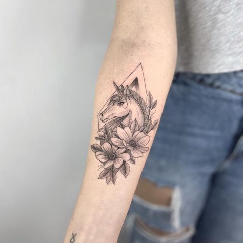 Black Unicorn Tattoo With Flowers Supernatural Tattoos, Small Horse Tattoo, Unicorn Tattoo Designs, Horse Tattoo Design, Unicorn Tattoo, Artsy Tattoos, Supernatural Tattoo, Bright Tattoos, Saved Tattoo