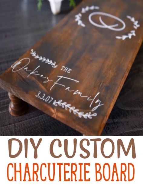 Charcuterie boards are so trendy right now and they are a beautiful addition to anyone’s home decor. They make a perfect gift and are much easier to make than you might think. We’ll show you how to make a custom charcuterie board that you’re going to love. Personalized Charcuterie Board Diy, Charcuterie Board Stencil Ideas, Wood Burned Charcuterie Board Diy, Charcuterie Diy How To Make, Cute Charcuterie Board Sayings, Charcuterie Board Craft Ideas, Charcuterie Board Design Ideas Cricut, Charcuterie Board Svg Free, Cricut Charcuterie Board Diy