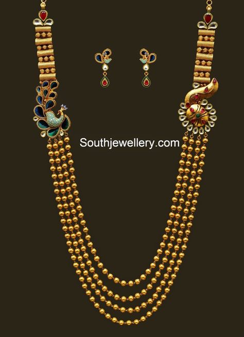 Antique Gundla Haram with Peacock Mugappu Rani Haram, Latest Jewellery Designs, Gold Temple Jewellery, Antique Gold Jewelry Indian, Design Page, Jewellery Wedding, Gold Mangalsutra Designs, Gold Necklace Indian Bridal Jewelry, Beaded Necklace Designs