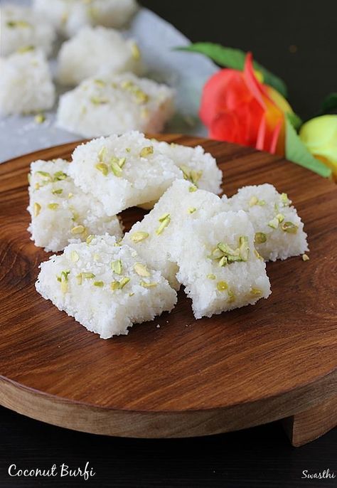 coconut burfi recipe – Traditionally burfi was made of milk and sugar, but there are also many versions made without using milk. This coconut burfi is one of them and is made using just 4 ingredients. This is a quick recipe and can be made under 15 minutes if we have grated coconut in hand. … Nariyal Barfi, Coconut Burfi Recipe, Coconut Barfi Recipe, Coconut Barfi, Barfi Recipe, Coconut Burfi, Burfi Recipe, Diwali Food, Indian Dessert