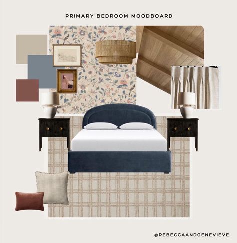 a bedroom moodboard showing a wallpaper, pendant light, two nightstands, a blue bed with white linen and a rug Blue Bed Master Room, Light Blue Guest Bedroom, Light Blue Room Ideas Bedroom, Sky Blue Bedroom, Blue And Beige Bedroom, Blue Room Decor Bedroom, Blue Cottage Bedroom, Grandmillennial Bedroom, Beige And Black Bedroom