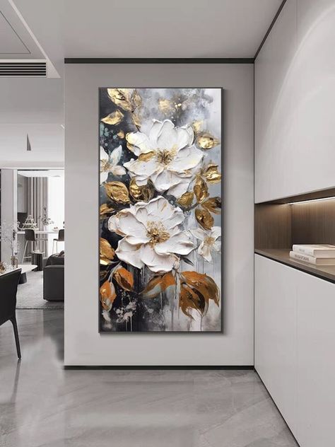 Large White and Gold Flowers Painting, 3D Textured Modern Floral Wall Art, Abstract Oversized Nature Palette Knife Painting on Canvas - Etsy Australia Oil Paintings Abstract, Canvas Flower Painting Ideas, Texture Art Painting, Canvas On Wall, Canvas Wall Art Ideas, Modern Flower Painting, Textured Flower Painting, White And Gold Flowers, Nature Palette