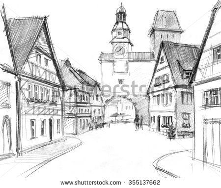 Old Town Illustration, Old Village Drawing, Medieval Town Drawing, Town Drawing Buildings, Town Square Drawing, Town Drawing Easy, Small Village Drawing, Town Drawing Simple, Small Town Drawing