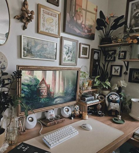 Dark Office Setup, Desk Wall Shelf Ideas, Gaming Room Setup Aesthetic Dark, Moody Pc Setup, Aesthetic Computer Monitor, Computer And Art Desk, Whimsical Desk Setup, Witchy Computer Setup, Cottage Core Gaming Room