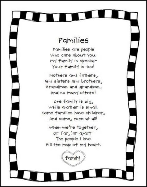 This poem shares about how family are people who care about you, and also tells about how families are diverse. Children would be able to connect with how their families are different. Preschool Family Theme, Preschool Poems, Preschool Family, Childrens Poems, All About Me Preschool, Family Poems, Poetry For Kids, Kids Poems, Finger Plays