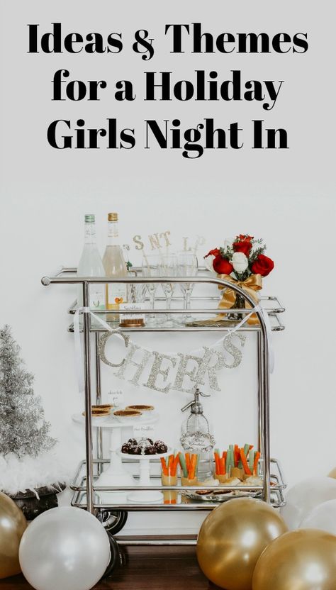 Host a ladies night Christmas party with these ideas and themes. Set up a holiday bar cart to serve cocktails and party food. #christmasparty #partyplanning #barcart Christmas Brunch Theme Party, Holiday Cocktail Party Themes, Christmas Wine Bar, Womens Holiday Party Ideas, Girls Dinner Party Ladies Night, Hosting Christmas Party Friends, After Christmas Party Ideas, Girls Night Xmas Party Ideas, Intimate Christmas Party